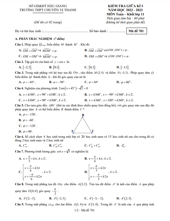 Đề giữa kì 1 Toán 11 năm 2022 – 2023 trường chuyên Vị Thanh – Hậu Giang