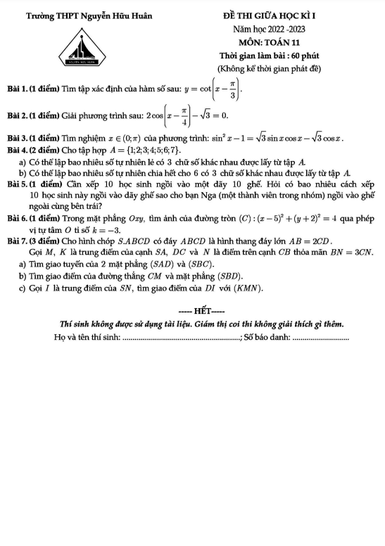 Đề giữa kì 1 Toán 11 năm 2022 – 2023 trường THPT Nguyễn Hữu Huân – TP HCM