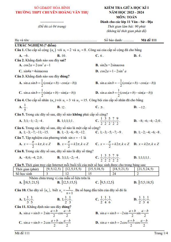 Đề giữa kì 1 Toán 11 năm 2023 – 2024 trường chuyên Hoàng Văn Thụ – Hòa Bình
