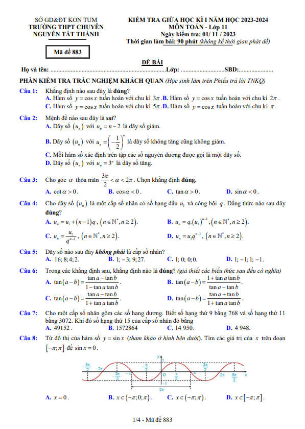 Đề giữa kì 1 Toán 11 năm 2023 – 2024 trường chuyên Nguyễn Tất Thành – Kon Tum