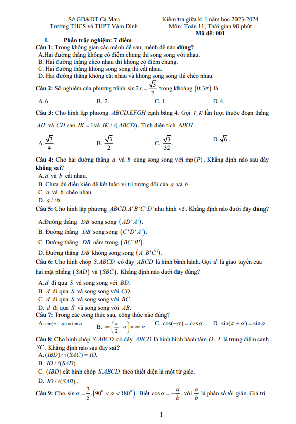 Đề giữa kì 1 Toán 11 năm 2023 – 2024 trường THCS&THPT Vàm Đình – Cà Mau