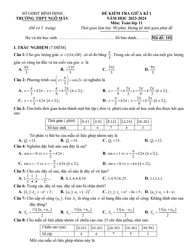 Đề giữa kì 1 Toán 11 năm 2023 – 2024 trường THPT Ngô Mây – Bình Định