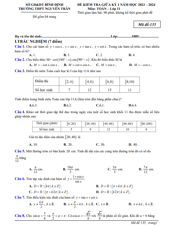 Đề giữa kì 1 Toán 11 năm 2023 – 2024 trường THPT Nguyễn Trân – Bình Định