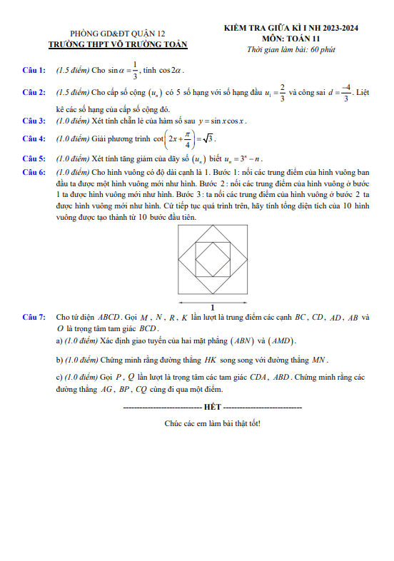 Đề giữa kì 1 Toán 11 năm 2023 – 2024 trường THPT Võ Trường Toản – TP HCM