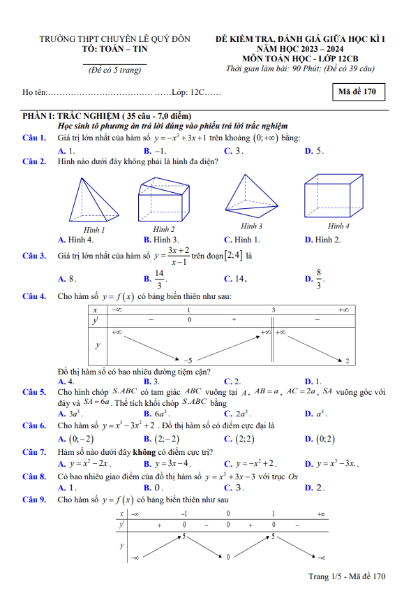 Đề giữa kì 1 Toán 12 CB năm 2023 – 2024 trường chuyên Lê Quý Đôn – Điện Biên