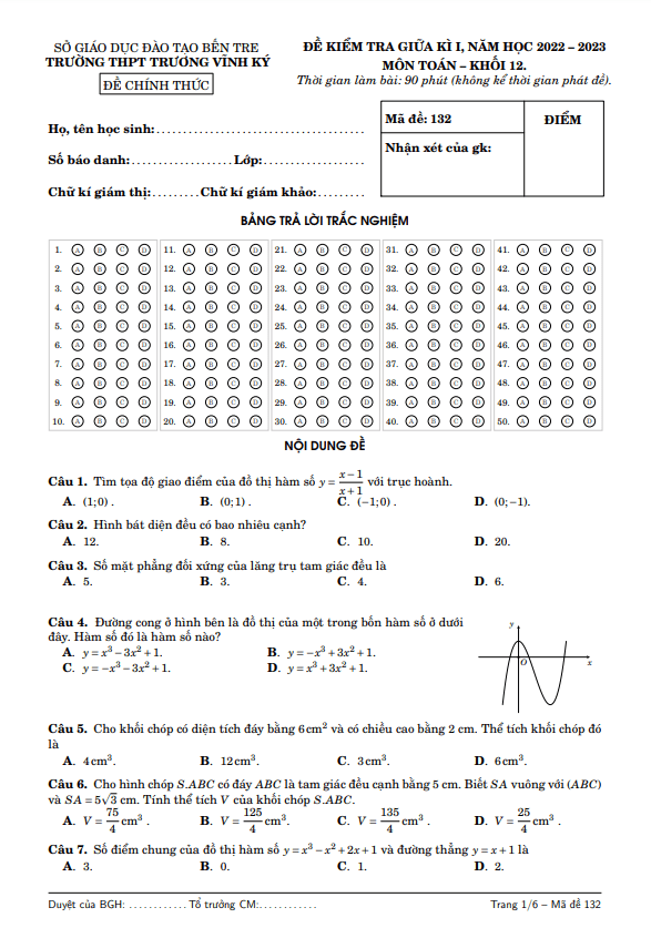 Đề giữa kì 1 Toán 12 năm 2022 – 2023 trường THPT Trương Vĩnh Ký – Bến Tre