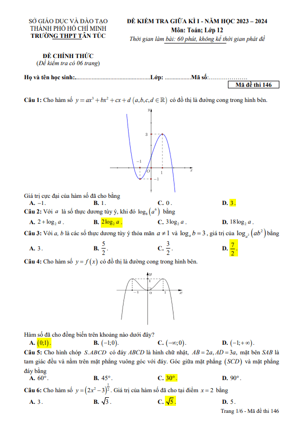 Đề giữa kì 1 Toán 12 năm 2023 – 2024 trường THPT Tân Túc – TP HCM