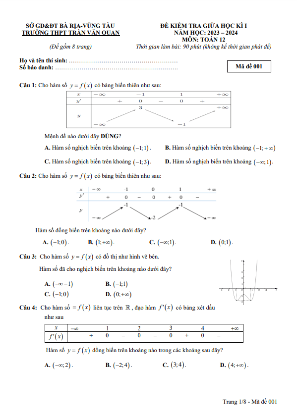 Đề giữa kì 1 Toán 12 năm 2023 – 2024 trường THPT Trần Văn Quan – BR VT