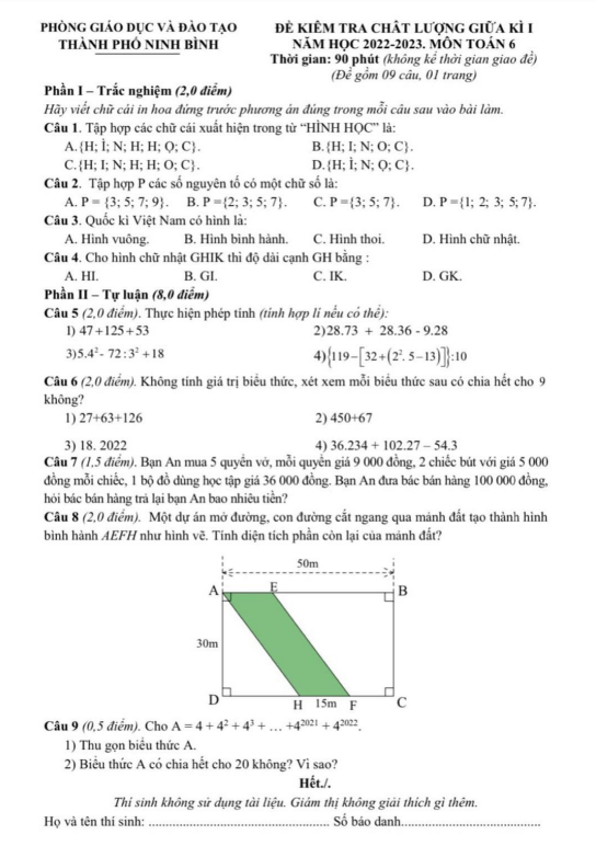 Đề giữa kì 1 Toán 6 năm 2022 – 2023 phòng GD&ĐT thành phố Ninh Bình