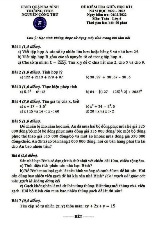 Đề giữa kì 1 Toán 6 năm 2022 – 2023 trường THCS Nguyễn Công Trứ – Hà Nội