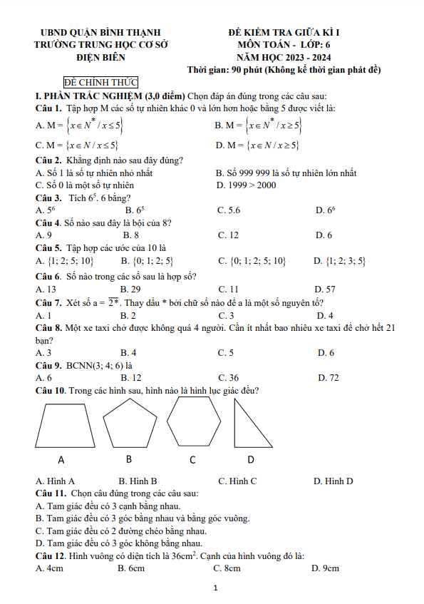 Đề giữa kì 1 Toán 6 năm 2023 – 2024 trường THCS Điện Biên – TP HCM