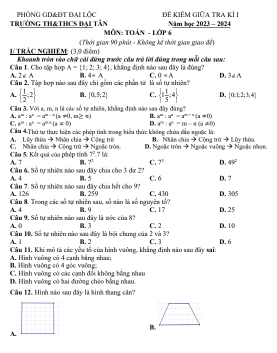 Đề giữa kì 1 Toán 6 năm 2023 – 2024 trường TH&THCS Đại Tân – Quảng Nam