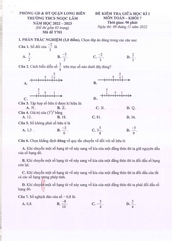 Đề giữa kì 1 Toán 7 năm 2022 – 2023 trường THCS Ngọc Lâm – Hà Nội
