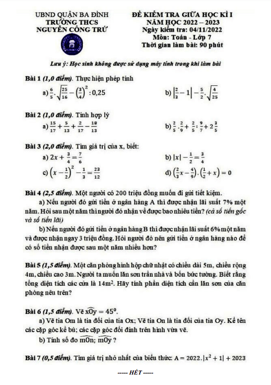 Đề giữa kì 1 Toán 7 năm 2022 – 2023 trường THCS Nguyễn Công Trứ – Hà Nội