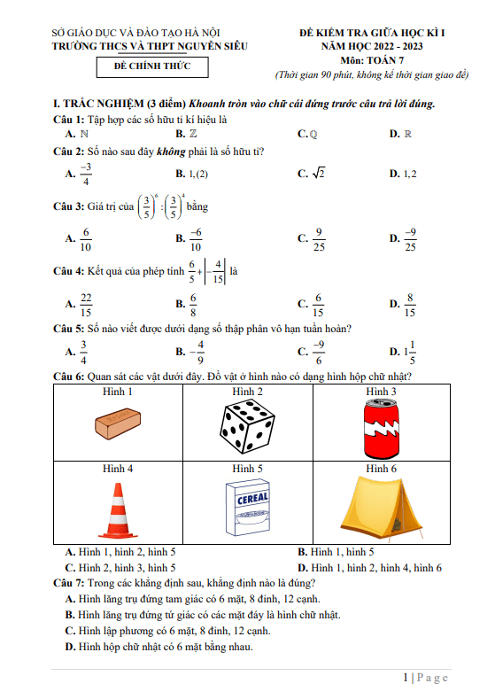 Đề giữa kì 1 Toán 7 năm 2022 – 2023 trường THCS&THPT Nguyễn Siêu – Hà Nội