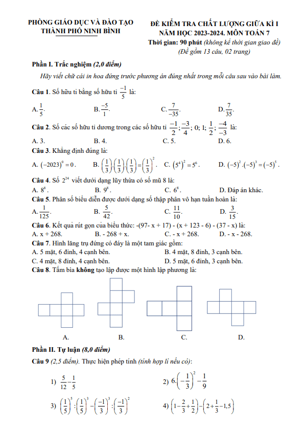 Đề giữa kì 1 Toán 7 năm 2023 – 2024 phòng GD&ĐT thành phố Ninh Bình