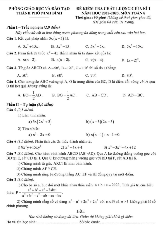 Đề giữa kì 1 Toán 8 năm 2022 – 2023 phòng GD&ĐT thành phố Ninh Bình