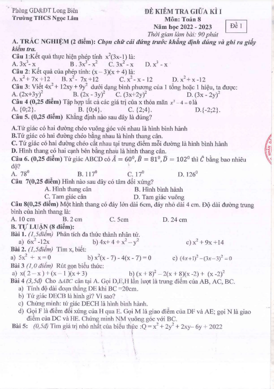 Đề giữa kì 1 Toán 8 năm 2022 – 2023 trường THCS Ngọc Lâm – Hà Nội