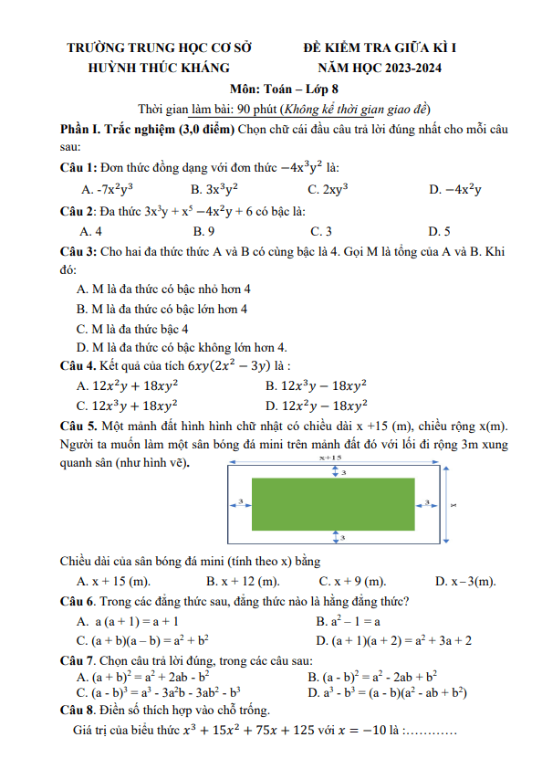 Đề giữa kì 1 Toán 8 năm 2023 – 2024 trường THCS Huỳnh Thúc Kháng – Đà Nẵng