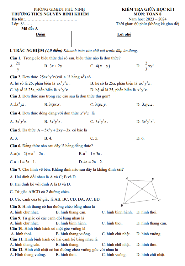Đề giữa kì 1 Toán 8 năm 2023 – 2024 trường THCS Nguyễn Bỉnh Khiêm – Quảng Nam