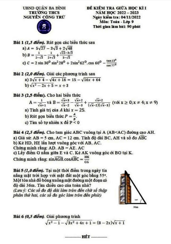 Đề giữa kì 1 Toán 9 năm 2022 – 2023 trường THCS Nguyễn Công Trứ – Hà Nội