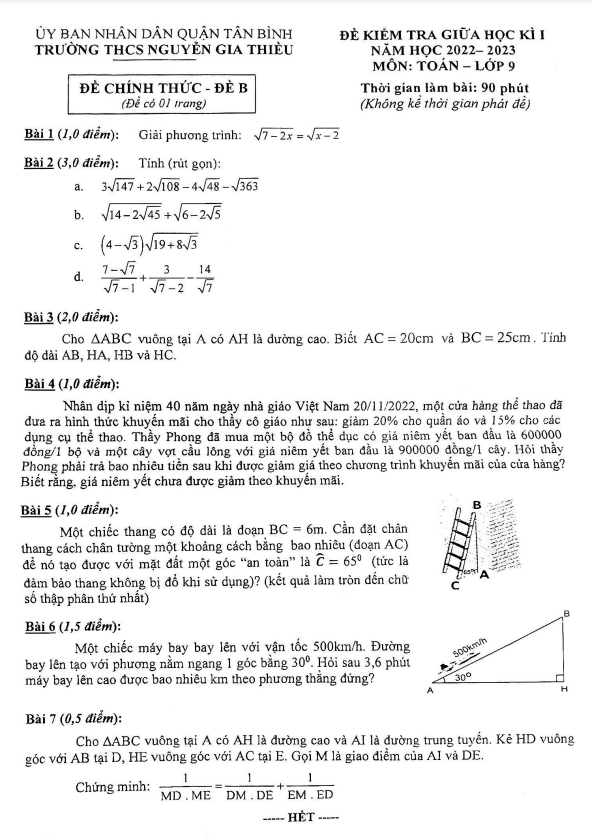 Đề giữa kì 1 Toán 9 năm 2022 – 2023 trường THCS Nguyễn Gia Thiều – TP HCM