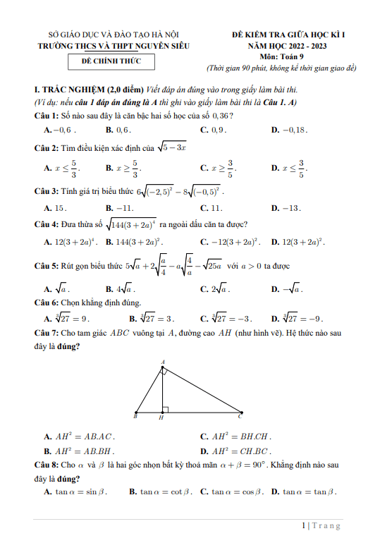 Đề giữa kì 1 Toán 9 năm 2022 – 2023 trường THCS&THPT Nguyễn Siêu – Hà Nội