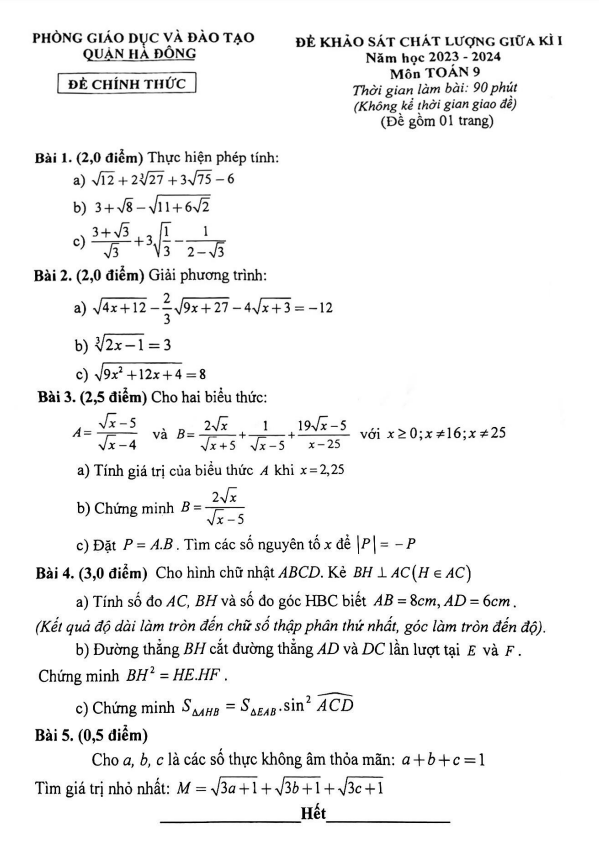 Đề giữa kì 1 Toán 9 năm 2023 – 2024 phòng GD&ĐT Hà Đông – Hà Nội