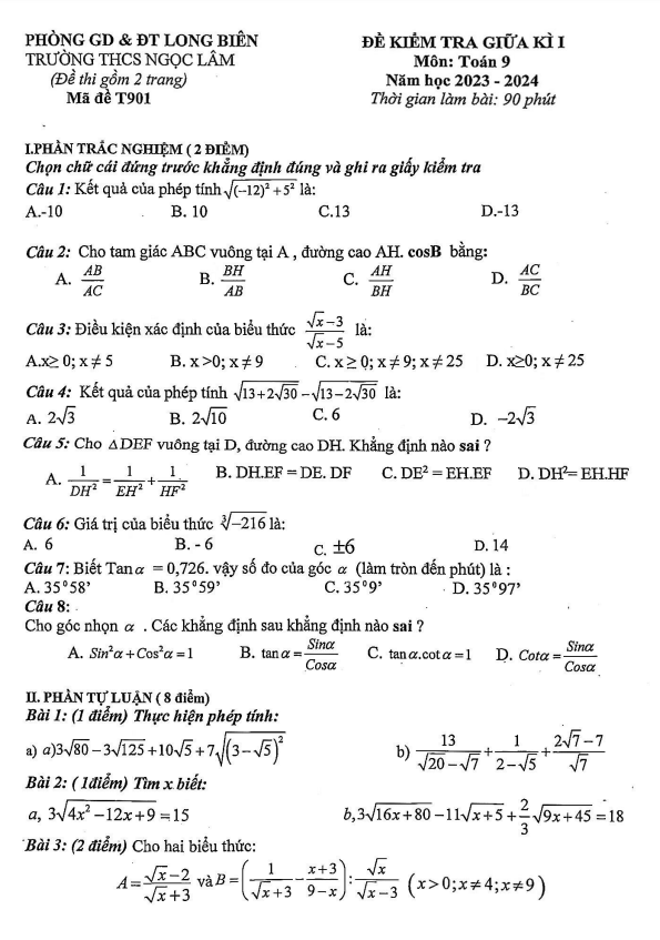 Đề giữa kì 1 Toán 9 năm 2023 – 2024 trường THCS Ngọc Lâm – Hà Nội