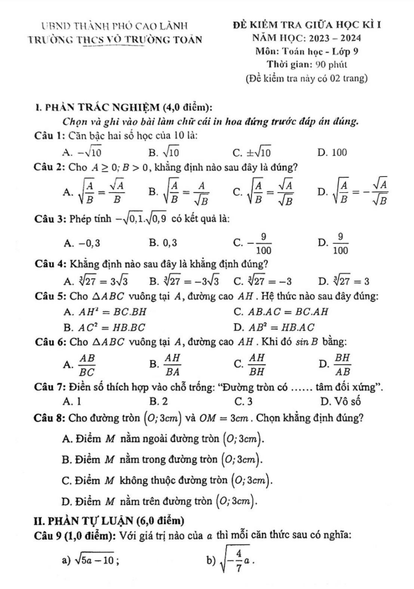 Đề giữa kì 1 Toán 9 năm 2023 – 2024 trường THCS Võ Trường Toản – Đồng Tháp
