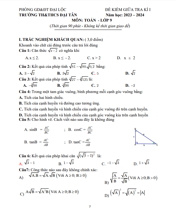 Đề giữa kì 1 Toán 9 năm 2023 – 2024 trường TH&THCS Đại Tân – Quảng Nam