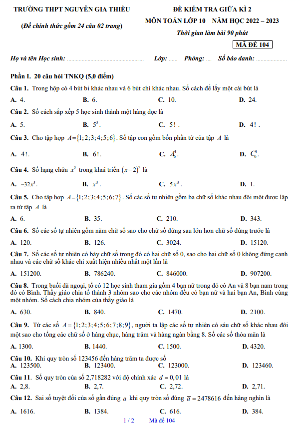 Đề giữa kì 2 Toán 10 năm 2022 – 2023 trường THPT Nguyễn Gia Thiều – Hà Nội