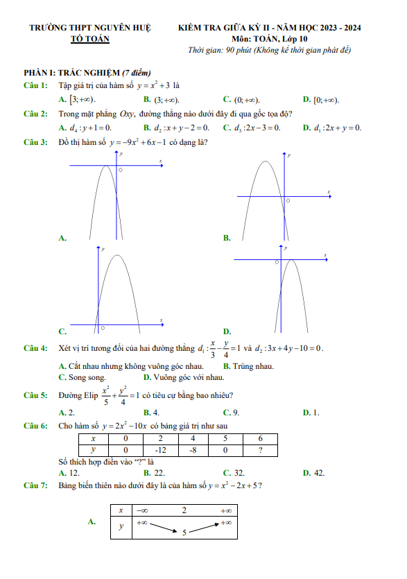 Đề giữa kì 2 Toán 10 năm 2023 – 2024 trường THPT Nguyễn Huệ – TT Huế