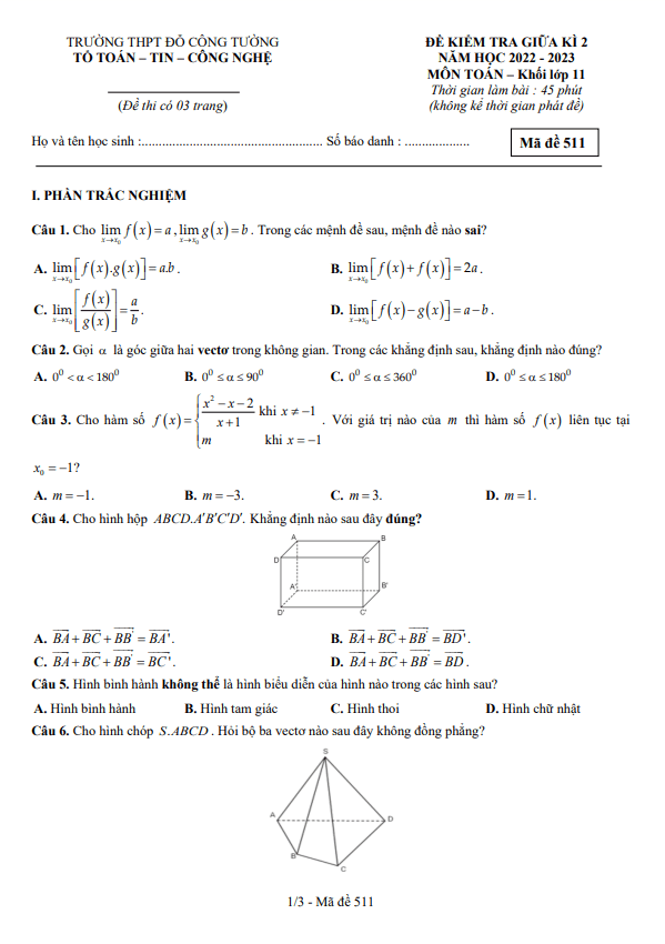 Đề giữa kì 2 Toán 11 năm 2022 – 2023 trường THPT Đỗ Công Tường – Đồng Tháp
