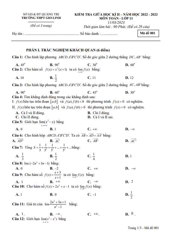 Đề giữa kì 2 Toán 11 năm 2022 – 2023 trường THPT Gio Linh – Quảng Trị