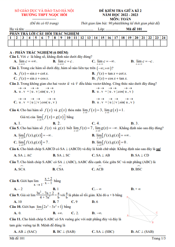Đề giữa kì 2 Toán 11 năm 2022 – 2023 trường THPT Ngọc Hồi – Hà Nội