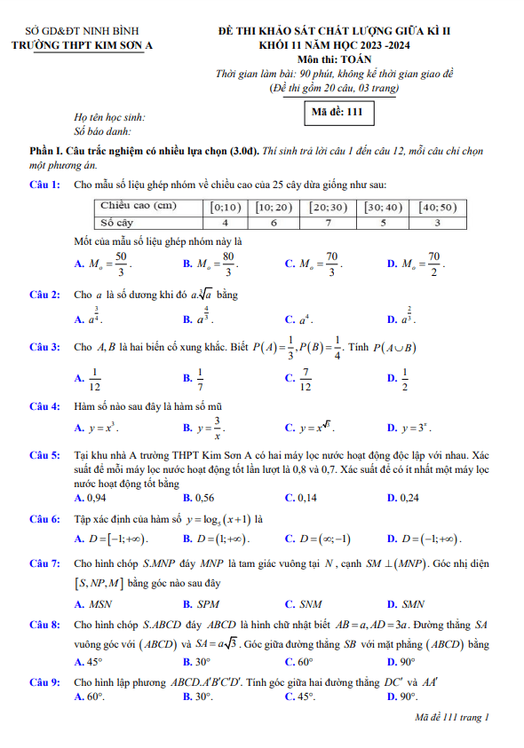 Đề giữa kì 2 Toán 11 năm 2023 – 2024 trường THPT Kim Sơn A – Ninh Bình
