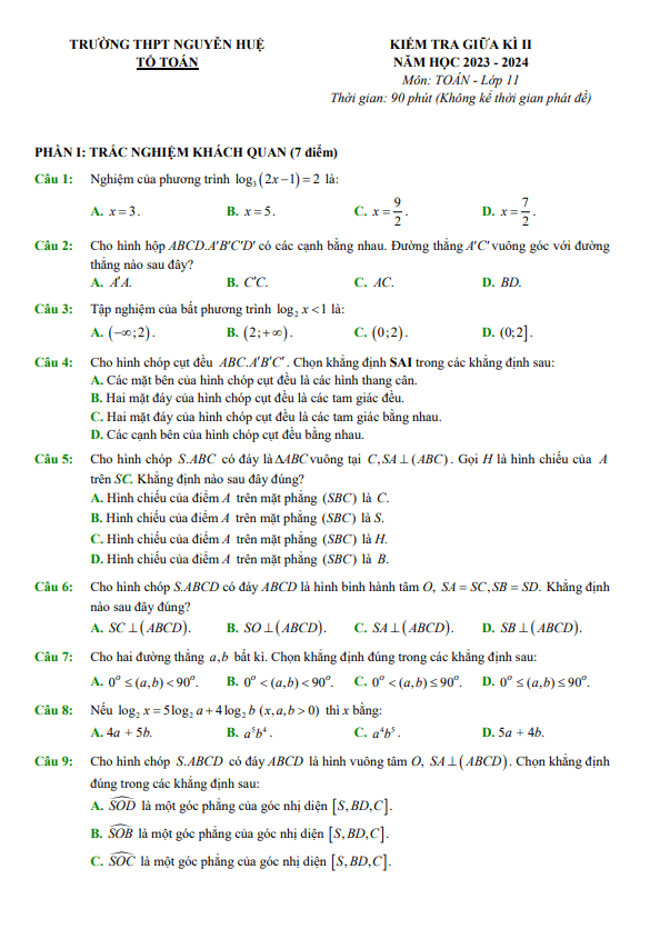 Đề giữa kì 2 Toán 11 năm 2023 – 2024 trường THPT Nguyễn Huệ – TT Huế