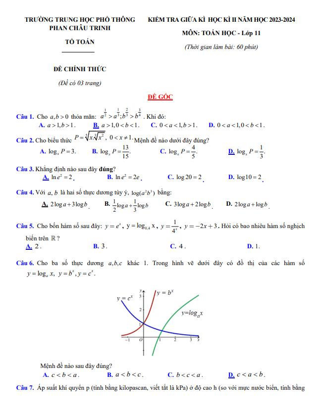 Đề giữa kì 2 Toán 11 năm 2023 – 2024 trường THPT Phan Châu Trinh – Đà Nẵng