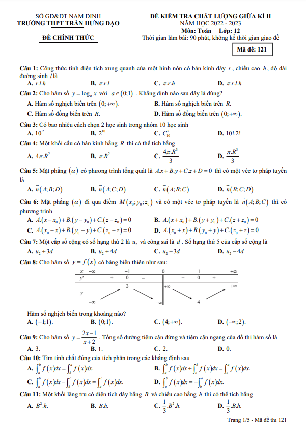 Đề giữa kì 2 Toán 12 năm 2022 – 2023 trường THPT Trần Hưng Đạo – Nam Định