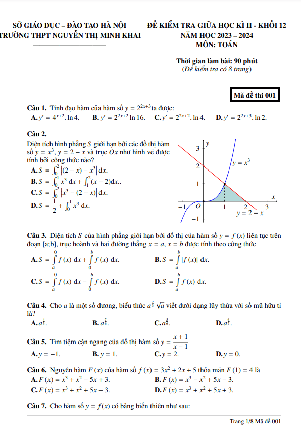 Đề giữa kì 2 Toán 12 năm 2023 – 2024 trường THPT Nguyễn Thị Minh Khai – Hà Nội