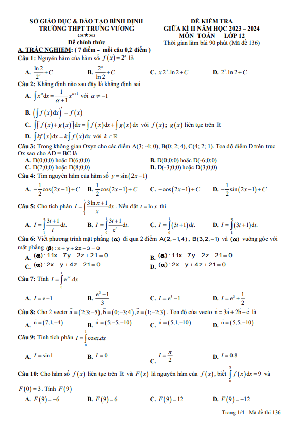 Đề giữa kì 2 Toán 12 năm 2023 – 2024 trường THPT Trưng Vương – Bình Định
