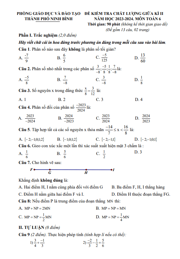 Đề giữa kì 2 Toán 6 năm 2023 – 2024 phòng GD&ĐT thành phố Ninh Bình