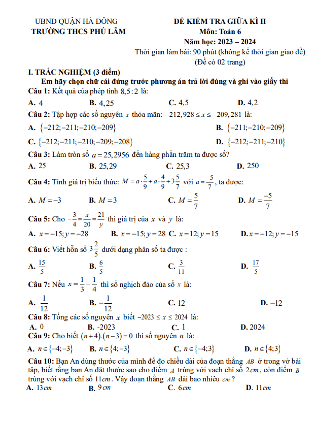 Đề giữa kì 2 Toán 6 năm 2023 – 2024 trường THCS Phú Lãm – Hà Nội