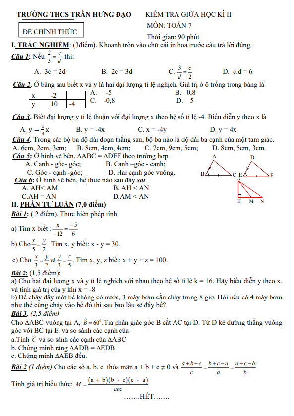 Đề giữa kì 2 Toán 7 năm 2023 – 2024 trường THCS Trần Hưng Đạo – BR VT