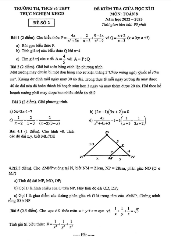 Đề giữa kì 2 Toán 8 năm 2022 – 2023 trường Thực Nghiệm KHGD – Hà Nội