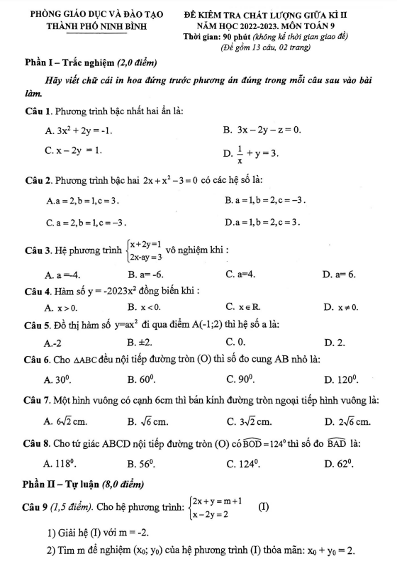 Đề giữa kì 2 Toán 9 năm 2022 – 2023 phòng GD&ĐT thành phố Ninh Bình