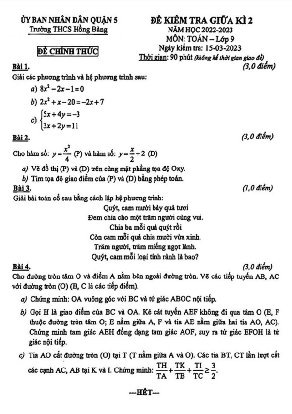 Đề giữa kì 2 Toán 9 năm 2022 – 2023 trường THCS Hồng Bàng – TP HCM