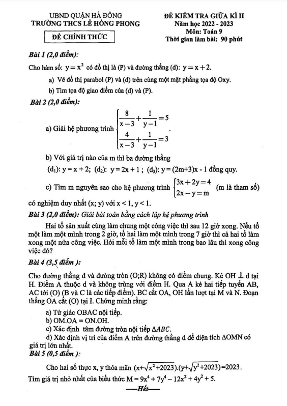 Đề giữa kì 2 Toán 9 năm 2022 – 2023 trường THCS Lê Hồng Phong – Hà Nội