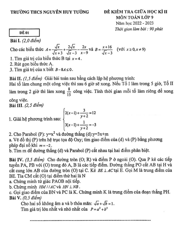 Đề giữa kì 2 Toán 9 năm 2022 – 2023 trường THCS Nguyễn Huy Tưởng – Hà Nội